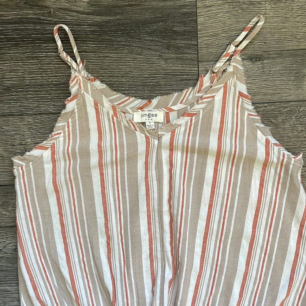 Umgee | Neutral Vertical Striped Tie Front Spaghetti Stripe Tank Top Small - Picture 3 of 8